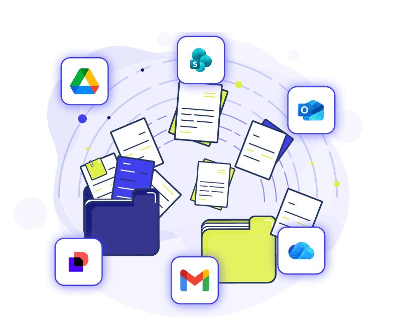 Contracts scattered across Google Drive, Gmail, DocuSign, OneDrive, and Outlook
