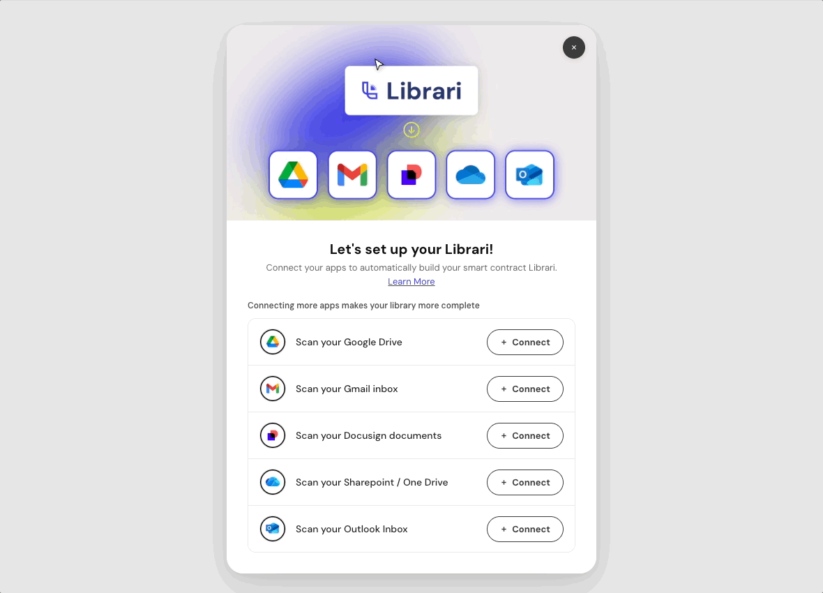 Librari's connect screen with one-click, read-only OAuth for Google Drive, Gmail, DocuSign, SharePoint/OneDrive, and Outlook